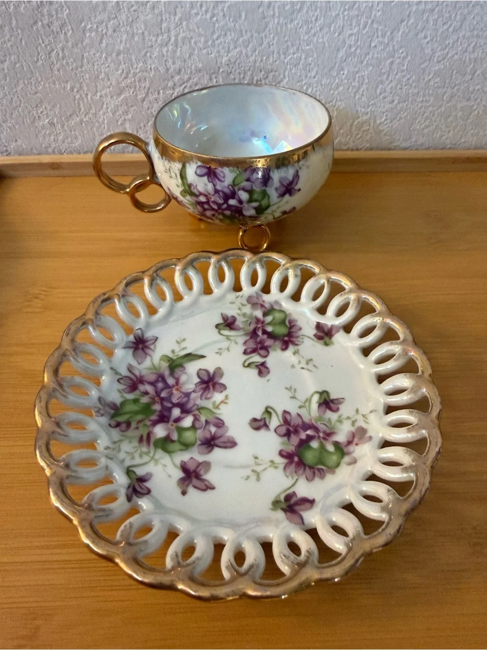 Vintage Japanese Royal Sealy Footed Floral/Violet Teacup & Saucer with Gold Trim